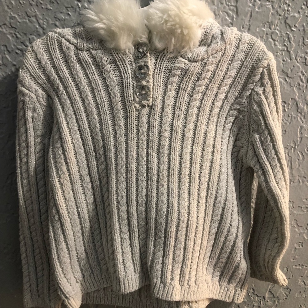Savannah Girls Silver Cable Knit Fur Hood Sweater 18M